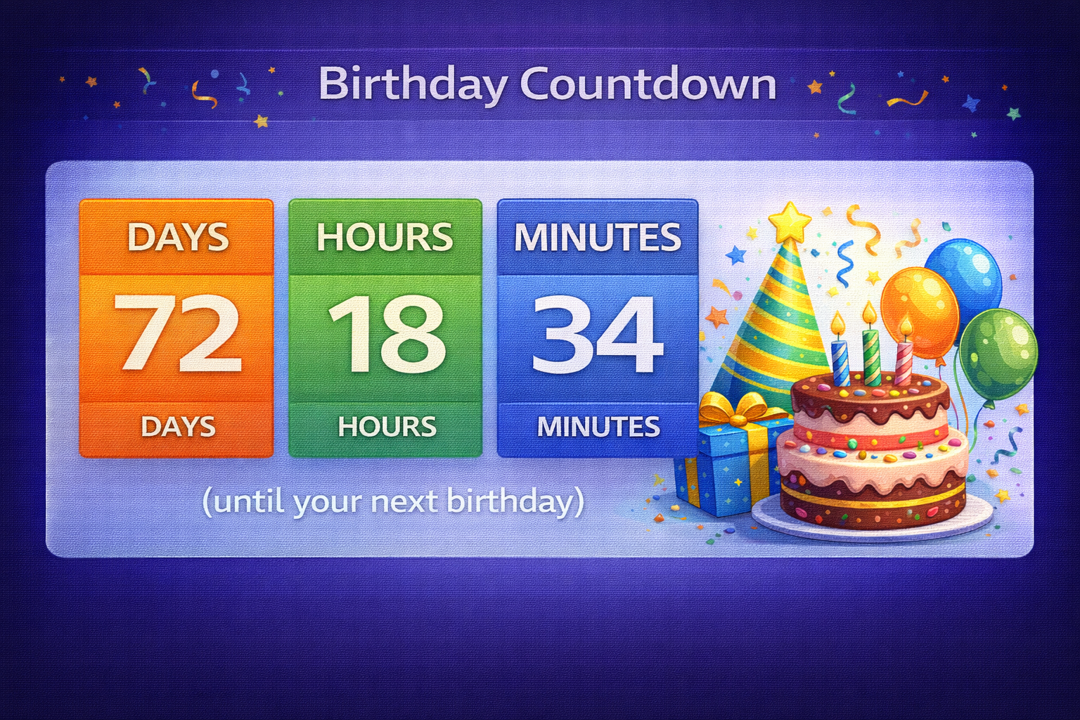 Birthday countdown illustration showing days hours minutes until next birthday date